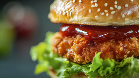A close-up of a fried chicken burger with crispy lettuce and tangy sauce, highlighting its mouthwatering appeal.の素材