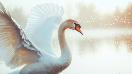 A close-up of a beautiful swan spreading its wings as it prepares to take flight over a still lake.の素材