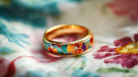 A close-up of a colorful enamel ring resting on a floral backdrop, creating a vibrant aesthetic.の素材