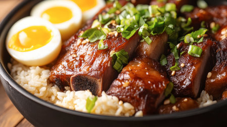 A close-up of a hearty pork leg rice dish with succulent braised pork, fragrant rice, and soft-boiled eggs on the side.の素材