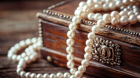 A close-up of a pearl necklace draped over a wooden jewelry box for an elegant aesthetic.の素材