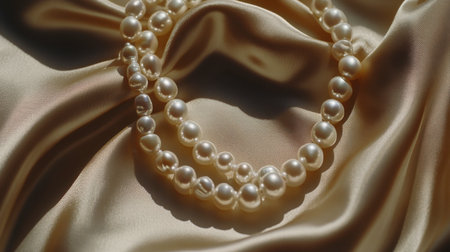 A close-up of a pearl necklace elegantly draped over a satin cloth, evoking timeless luxury.の素材