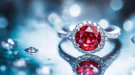 A close-up of a stunning ruby ring on a reflective surface, highlighting its rich color and brilliance.の素材