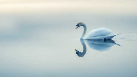 A close-up of a swans reflection in the water as it glides silently across a serene lake.の素材