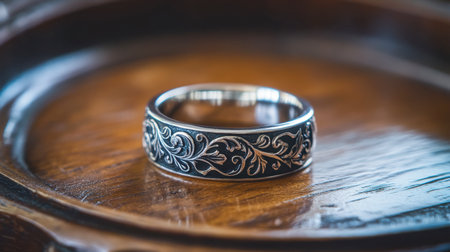 A close-up of a silver band ring with intricate engravings displayed on a polished wooden surface.の素材