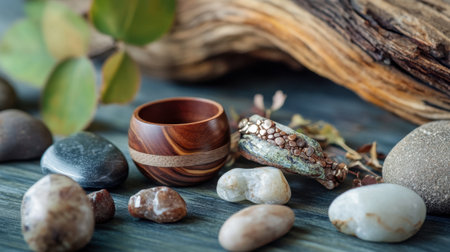 A close-up of a unique wooden ring displayed alongside natural elements like stones and leaves.の素材