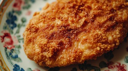 A close-up of a perfectly fried chicken breast, showing its crunchy texture and juicy interior against a vibrant plate.の素材