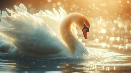 A close-up of a swans delicate feathers glistening in the sunlight as it paddles across the water.の素材