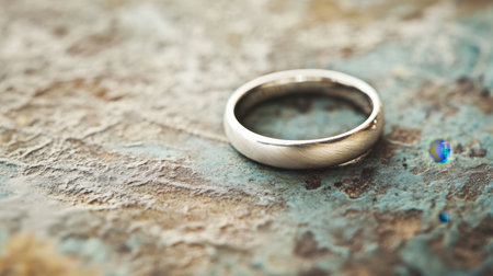A close-up of a silver ring with a simple yet elegant design placed on a textured background.の素材