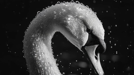 A close-up of a swans elegant neck and head, with droplets of water glistening on its feathers.の素材