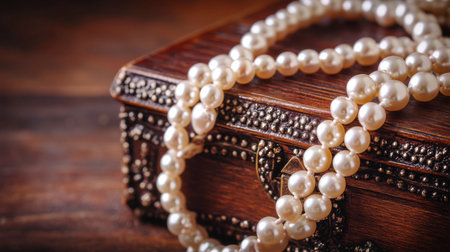 A close-up of a pearl necklace draped over a wooden jewelry box for an elegant aesthetic.の素材
