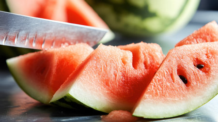 A close-up of a watermelon being sliced with a sharp knife, highlighting its juicy interior and bright colors.の素材