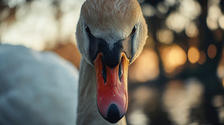 A close-up of a swans face and beak, highlighting its sharp features against a blurred background.の素材