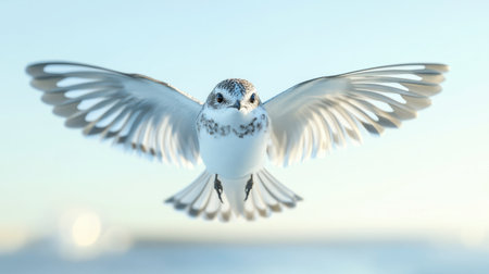 A close-up of a tiny bird in mid-flight, wings spread wide against a clear blue sky, showcasing its intricate feather patterns.の素材