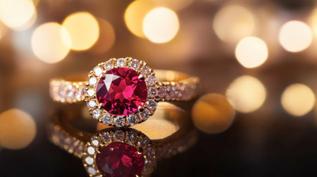 A close-up of a stunning ruby ring on a reflective surface, highlighting its rich color and brilliance.の素材