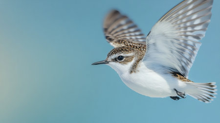 A close-up of a tiny bird in mid-flight, wings spread wide against a clear blue sky, showcasing its intricate feather patterns.の素材