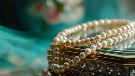 A close-up of a vintage pearl necklace draped over a glass jewelry box.の素材