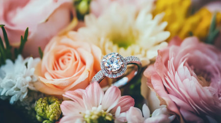A close-up of a wedding ring nestled in a bouquet of flowers, symbolizing love and romance.の素材