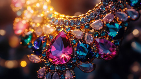 A close-up of a statement necklace with large gemstones, shining under bright studio lights.の素材