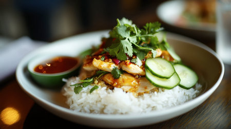 A close-up of a traditional meal of steamed rice topped with chicken, garnished with cucumber and cilantro, and served with chili sauce.の素材