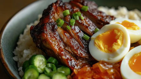 A close-up of juicy, tender pork leg served over steamed rice, with perfectly cooked eggs and pickled vegetables on the side.の素材
