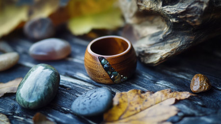 A close-up of a unique wooden ring displayed alongside natural elements like stones and leaves.の素材