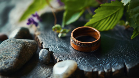 A close-up of a unique wooden ring displayed alongside natural elements like stones and leaves.の素材