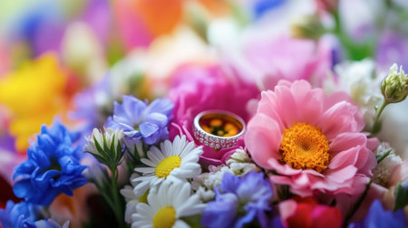 A close-up of a wedding ring nestled in a bouquet of flowers, symbolizing love and romance.の素材