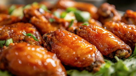 A close-up of fried chicken wings arranged beautifully on a platter, showcasing their shiny glaze and garnishes.の素材