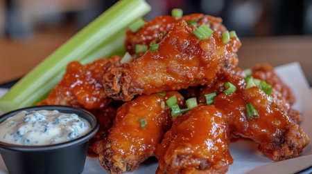 A close-up of fried chicken wings coated in spicy buffalo sauce, garnished with celery sticks and blue cheese dip.の素材
