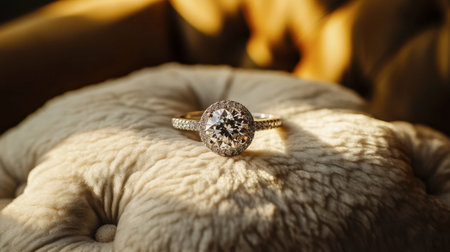 A close-up of a sparkling diamond engagement ring resting on a plush velvet cushion.の素材