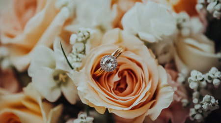 A close-up of a wedding ring nestled in a bouquet of flowers, symbolizing love and romance.の素材