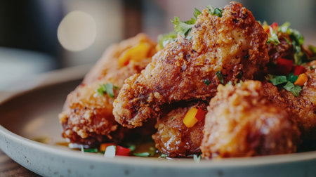 A close-up of fried chicken pieces arranged artistically on a plate, garnished with colorful herbs and spices.の素材