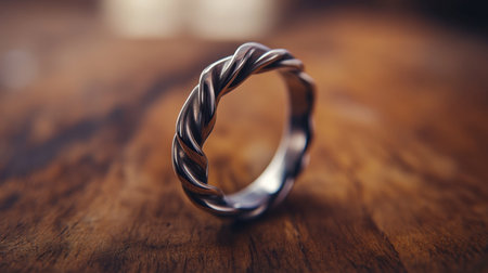 A close-up of a unique twisted ring design displayed on a wooden table, capturing its artistry.の素材