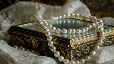 A close-up of a vintage pearl necklace draped over a glass jewelry box.の素材