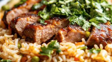 A close-up of pork leg rice, showing the juicy, tender pork and perfectly cooked jasmine rice, garnished with fresh greens.の素材