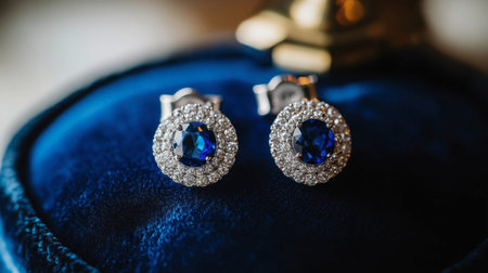 A close-up of sapphire earrings with a halo of diamonds, displayed on a velvet cushion.の素材