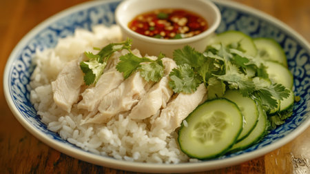 A comforting dish of steamed rice and chicken, garnished with cucumber and cilantro, served with a tangy dipping sauce.の素材
