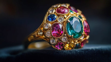 A close-up shot of a vintage cocktail ring with colorful stones, displayed against a dark backdrop.の素材
