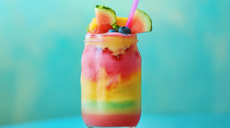 A colorful smoothie made with watermelon, served in a clear jar with a straw and garnished with fruit slices.の素材