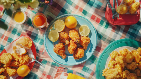 A colorful picnic scene with fried chicken served on a vibrant checkered blanket, surrounded by friends.の素材