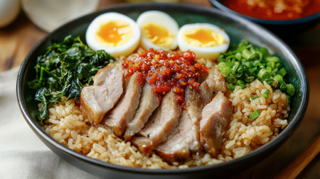 A comforting dish of pork leg rice with succulent pork, perfectly boiled eggs, and pickled mustard greens, served with chili sauce.の素材