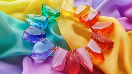 A colorful statement necklace made from large resin pieces, displayed on a vibrant cloth.の素材