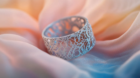 A close-up shot of an intricate lace-style ring resting on a pastel-colored fabric.の素材