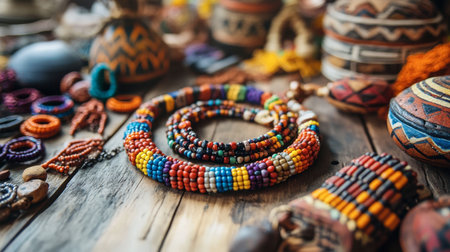 A colorful beaded necklace lying on a wooden table surrounded by artisan crafts.の素材