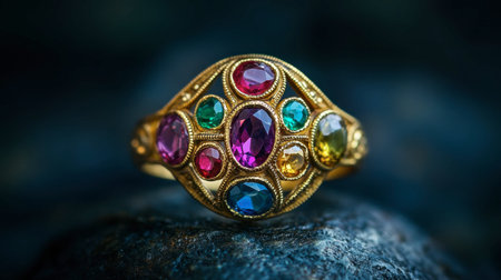 A close-up shot of a vintage cocktail ring with colorful stones, displayed against a dark backdrop.の素材