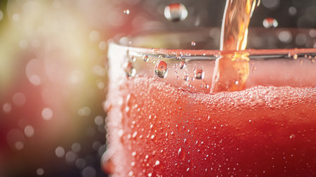 A close-up of watermelon juice being poured into a glass, with droplets of condensation visible on the surface.の素材