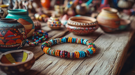 A colorful beaded necklace lying on a wooden table surrounded by artisan crafts.の素材