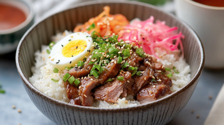 A comforting bowl of pork leg rice with juicy, tender pork, pickled veggies, and a flavorful boiled egg, perfect for lunch.の素材