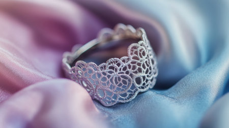 A close-up shot of an intricate lace-style ring resting on a pastel-colored fabric.の素材